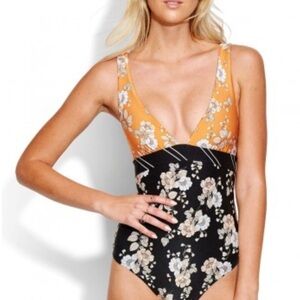 Seafolly Floral One Piece "Splendour" Maillot Swimsuit - Orange and Black